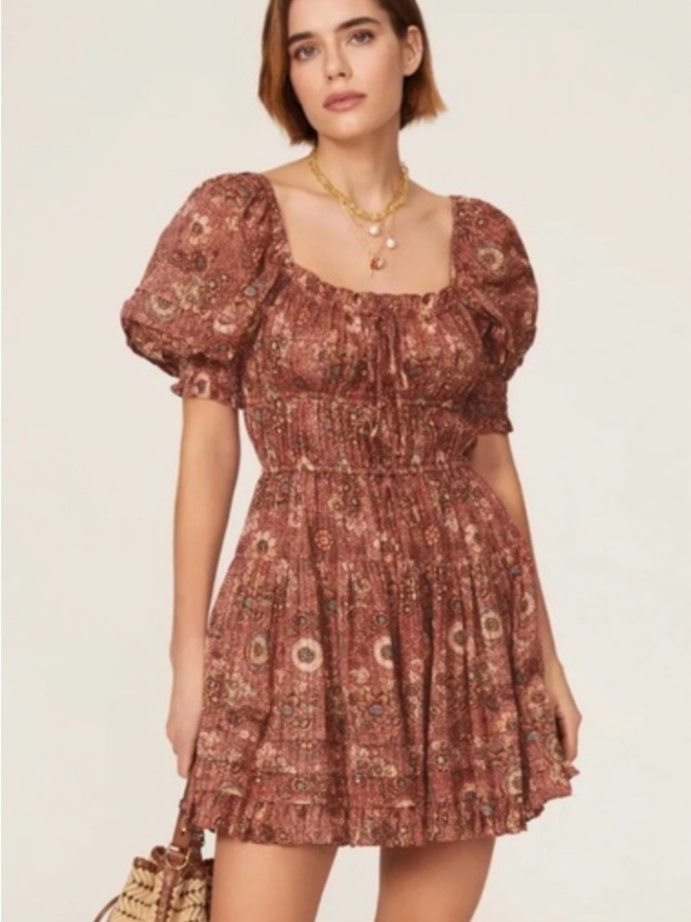 Ulla Johnson Juniper Rust Floral Smocked Mini Tiered Dress